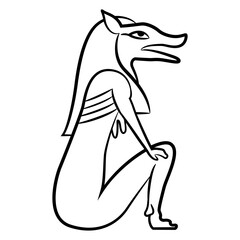 Seated pharaoh fox. Ancient Egyptian animal design. Black and white linear silhouette.