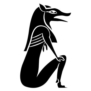 recommend clip art: Seated pharaoh fox. Ancient Egyptian animal design. Black and white silhouette.