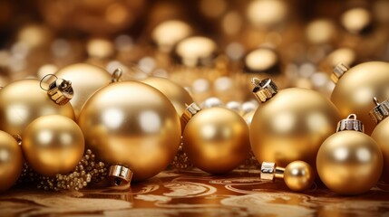 Collection of golden Christmas baubles on festive dark background. Neural network ai generated art