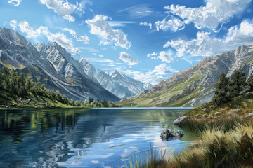 Fototapeta premium A serene mountain lake tucked away in a remote valley, perfect for those seeking solitude in nature