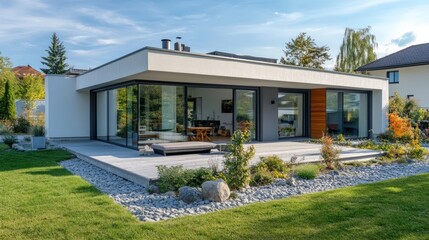 Modern white house with large glass windows and a patio with furniture.