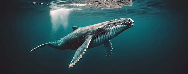 Fototapeta premium A stunning view of a humpback whale gracefully swimming in the ocean, showcasing its majestic features and serene underwater presence, perfect for nature lovers.