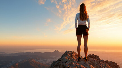 Obraz premium A woman stands on a rocky peak, gazing at a breathtaking sunset. The colorful sky and serene landscape evoke a sense of peace and adventure in nature.