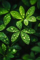 Close up of Dew Drops on Green Leaves. Fresh Natural Background, Spring or Summer, Abstract