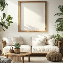 A sunlit living area featuring woven furniture and lush indoor plants, evoking a sense of nature and tranquility.