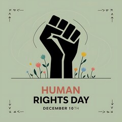 Create a Human Rights Day banner in a flat 2D style, featuring a prominent raised fist symbolizing unity and strength 