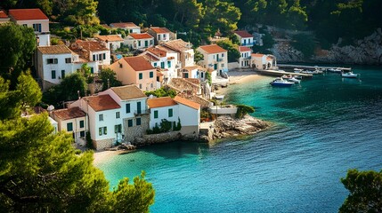 Fototapeta premium A picturesque coastal village with colorful houses overlooking a serene turquoise bay surrounded by lush greenery.