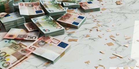 Piles of euro notes in various denominations, scattered carelessly on a white marble floor, indicating a recent transaction.