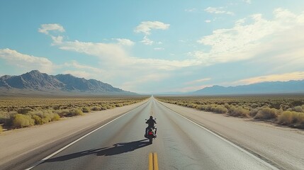 A lone motorcycle rider travels a long, empty road through a vast desert landscape under a clear blue sky.