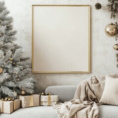 A festive living room adorned with a snow-dusted Christmas tree, wrapped gifts, and a blank canvas...