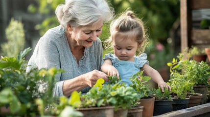 Senior grandmother gardening with young granddaughter, bonding over plants in a sunny garden. Generational connection, family outdoors. - Powered by Adobe