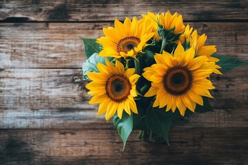 Obraz premium Yellow Sunflower Bouquet on Wooden Background