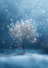 Minimalistic winter tree covered in snow against a dreamy blue backdrop with softly falling snowflakes