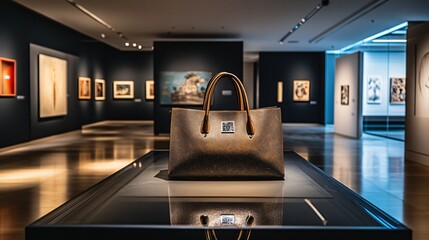 A designer handbag on display in an art gallery, with artwork and sleek lighting in the background.