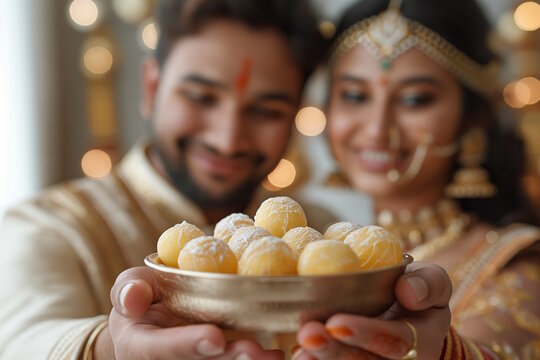 Bride and groom offering pedha in a golden bowl, symbolizing prosperity and togetherness &ndash; concept for Indian weddings or Diwali celebrations