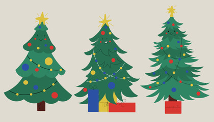Festive Christmas trees. Colorful winter trees collection for holiday xmas andnew year. Transparent background vecor illustration
