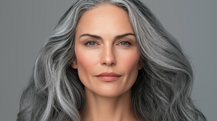 Naklejka premium Portrait of a confident mature 50 year old woman with long gray hair. Timeless beauty, natural aging, embracing gray hair trends.