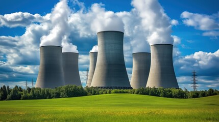 Fototapeta premium Cooling towers of a nuclear power plant emitting steam, surrounded by lush green fields under a bright blue sky. Energy production and environmental impact.
