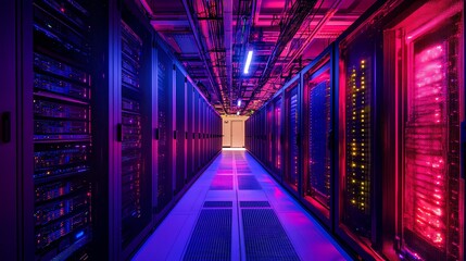 Fototapeta premium A vibrant server room corridor illuminated with colorful lights, showcasing rows of high-tech data servers.