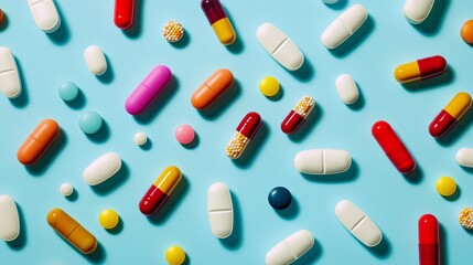 Colorful assortment of pills and capsules on a blue background. Pharmaceutical diversity, healthcare solutions, medication access, global health, affordable medicine