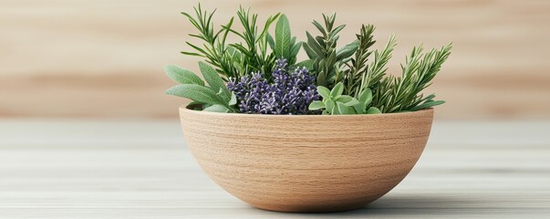 Wooden bowl filled with healing herbs, plants, and essential oils, Natural healing.