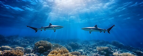 Majestic Sharks Silhouetted in Deep Blue Ocean - Thriving Coral Reef Ecosystem Bathed in Soft Light Rays