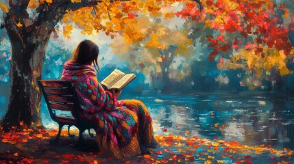 A serene scene of a person reading by a tranquil lake, surrounded by vibrant autumn foliage, capturing the essence of peace and nature's beauty.