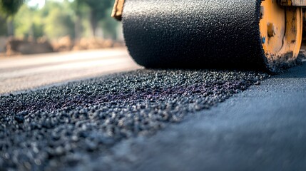 A close-up of an asphalt roller compacting freshly laid asphalt on a road, showcasing the texture and smoothness of the surface being prepared.