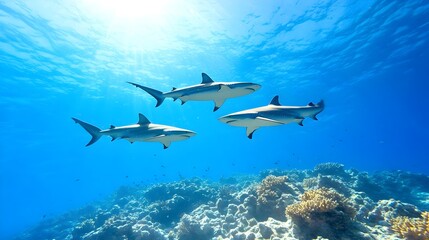 Fototapeta premium Graceful Sharks Swimming in Harmony Over Vibrant Coral Reefs - Serene Underwater Scene with Soft Light and Shadows in the Deep Ocean