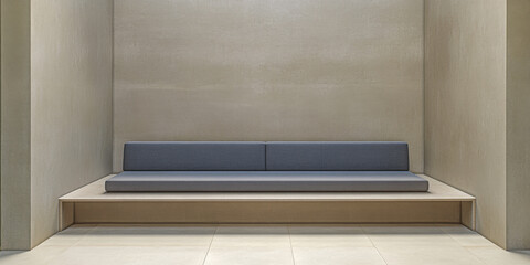 Minimalist interior featuring a simple gray bench in a modern architectural space