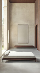 Fototapeta premium Minimalist bedroom interior showcasing natural light and simple design elements
