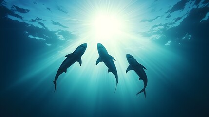 Fototapeta premium Graceful Sharks in Harmony - Enchanting Silhouettes of Sharks Swimming Over Illuminated Coral Beds with Ethereal Light Rays in the Deep Sea