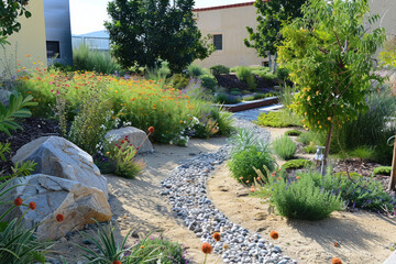 A sustainable waterwise garden with minimal irrigation needs, desert plants, and permeable walkways