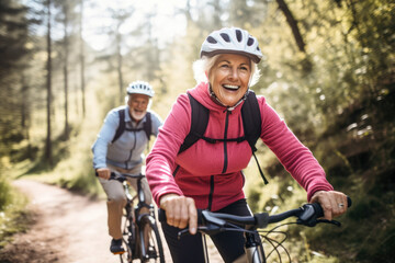an elderly husband and wife pedal side by side, reveling in the simple pleasure of cycling together on a beautiful autumn day.