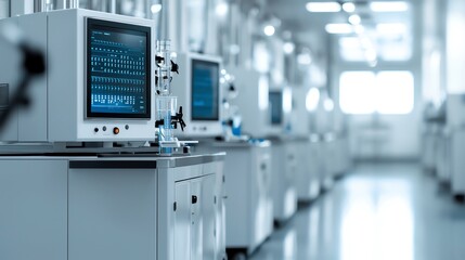 Modern laboratory interior with advanced equipment and computer displays in a clean setting.