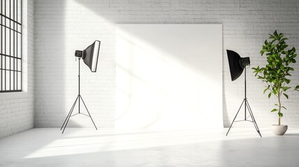 Photography studio setup with lighting equipment and a blank backdrop.