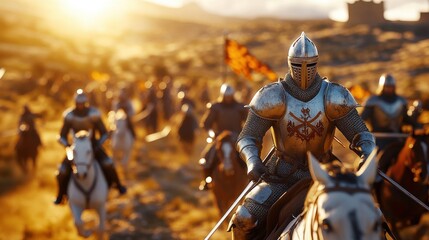 Fototapeta premium Medieval Knight Leading Troop at Sunset