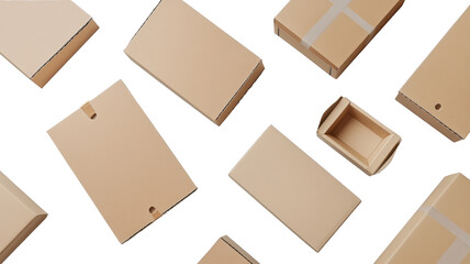 Assorted Brown Cardboard Shipping Boxes Isolated on White Background for Packaging, Delivery, and E-commerce Concepts - Top View of Corrugated Cartons in Various Sizes