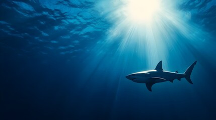 Fototapeta premium Majestic Shark Silhouettes in Deep Ocean Coral - Dominant Shadows Create a Menacing Underwater Atmosphere