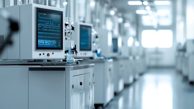 Modern laboratory interior with advanced equipment and computer displays in a clean setting.