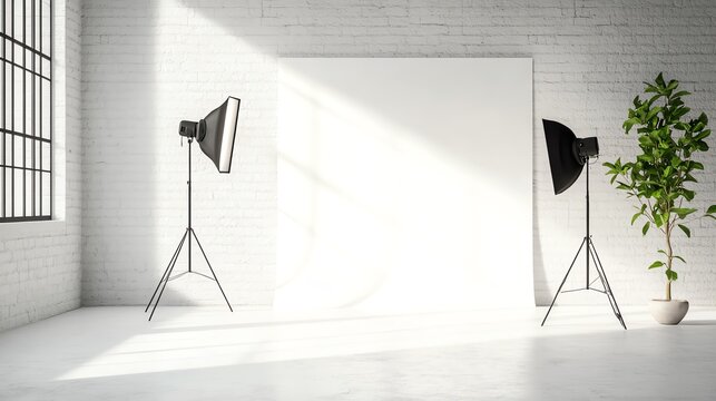 Photography studio setup with lighting equipment and a blank backdrop.