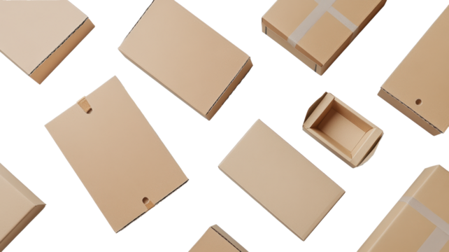 Assorted Brown Cardboard Shipping Boxes Isolated on White Background for Packaging, Delivery, and E-commerce Concepts - Top View of Corrugated Cartons in Various Sizes