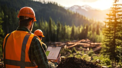 Two workers in safety gear assessing forest site with clipboard under a sunset sky.