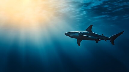 Obraz premium Majestic Shark Silhouette in Deep Blue Ocean - Captivating Motion Blur and Dramatic Lighting Showcasing Aquatic Grace Beneath the Waves