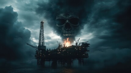 Obraz premium Oil rig engulfed in flames under a dark, cloudy sky, with a giant, menacing skull superimposed over the scene, suggesting themes of danger and environmental catastrophe