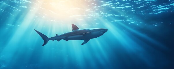 Obraz premium Mysterious Shark Silhouette in Glowing Underwater Cave - Enigmatic Marine Life and Light Beams Illuminate the Abyss