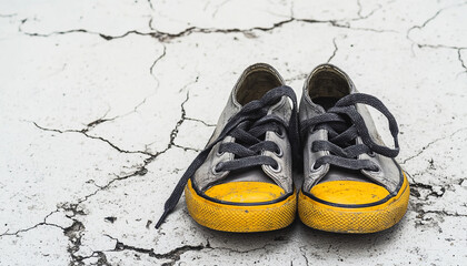 A pair of worn-out shoes with yellow laces, placed on a cracked concrete white background. 