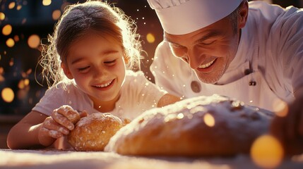 Naklejka premium Joyful Baking Moments Between Child and Chef