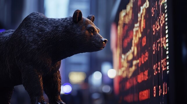 Bear statue in front of a digital stock market display with red and green numbers