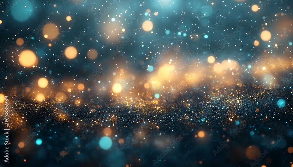 Aufkleber an ethereal background featuring shimmering blue and gold particles, creating a dreamy, cosmic atmos